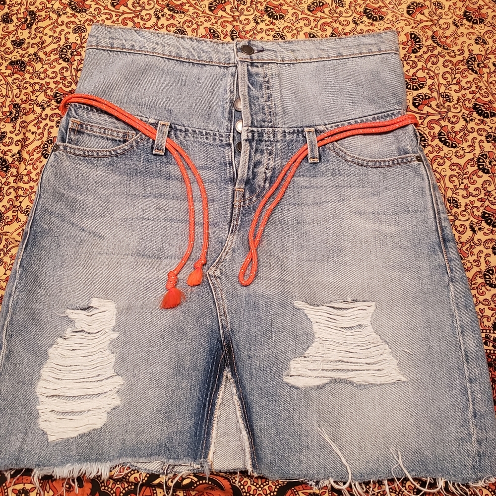 Hudson Los Angeles Sloane Blue Distressed Button-Fly Denim Skirt 27